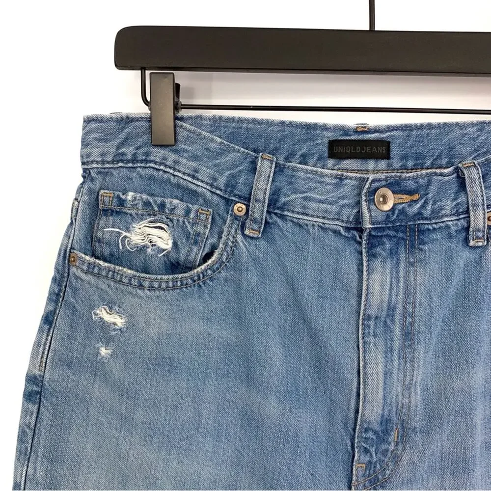 UNIQLO Peg Top High Rise Damaged Jeans Blue Denim 29